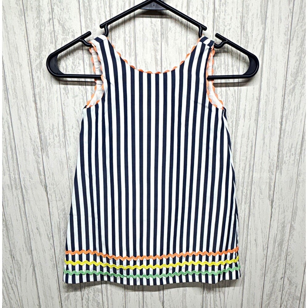 Duffield Lane Girls Size 3 Navy/White Stripe Shift Dress V-Neck Ric Rac Cotton